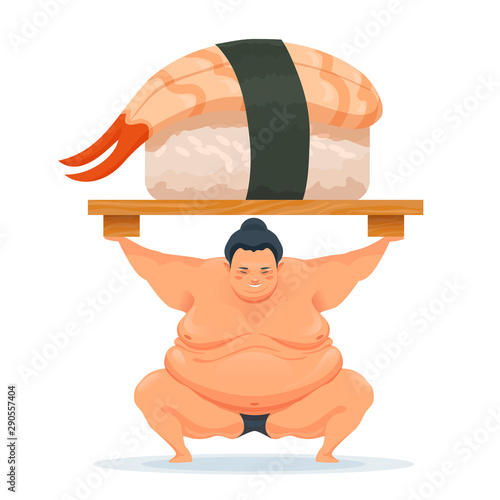 Sumo man holding a tray with shrimp sushi. Vector illustration isolated on white.