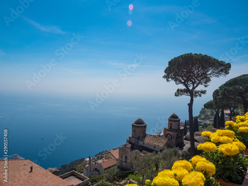 Italy, april 2019: Beautiful scenic picture-postcard view of famous Amalfi Coast with Gulf of Salerno from Villa Rufolo gardens in Ravello, Campania