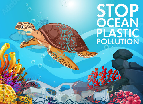 Poster design with sea turtle and trash in ocean