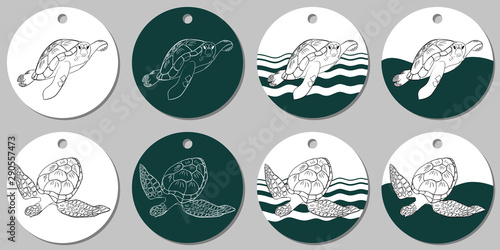 Round sticker template with sea turtle. Vector illustration with white and turquoise stains on white background