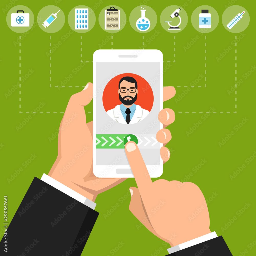 Hand holding smartphone with male doctor on call and an online consultation. Medical icons set. Vector flat illustration. Hand holding smartphone with male doctor on call and an online consultation. Medical icons set. Vector flat illustration.