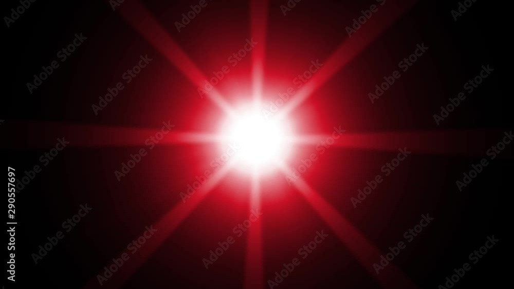 Bright red light appearing and dissappearing while moving by curved trajectory and spinning on black background