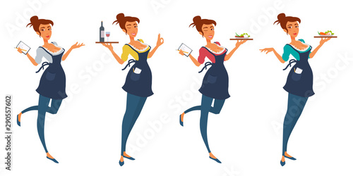 Cute young waitress girl in uniform holding a tray of food, notepad, smiling, pointing hand.