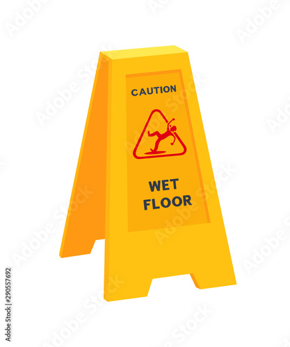 Wet floor sign. Alert yellow triangle banner with a falling man, caution inscription.