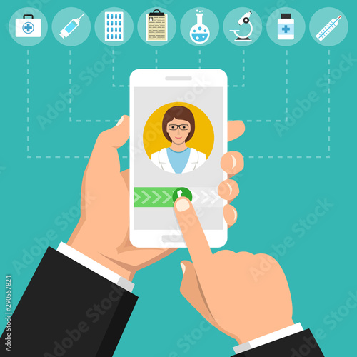 Hand holding smartphone with female doctor on call and an online consultation. Medical icons set. Vector flat illustration.