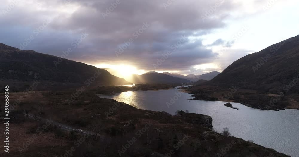 Wide aerial, sunset over lake in Killarney National Park Wide aerial, sunset over lake in Killarney National Park