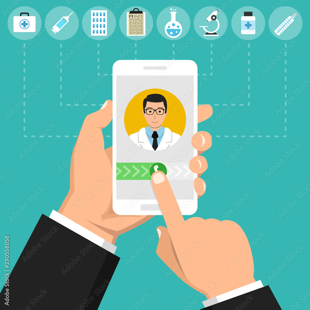 Hand holding smartphone with male doctor on call and an online consultation. Medical icons set. Vector flat illustration. Hand holding smartphone with male doctor on call and an online consultation. Medical icons set. Vector flat illustration.