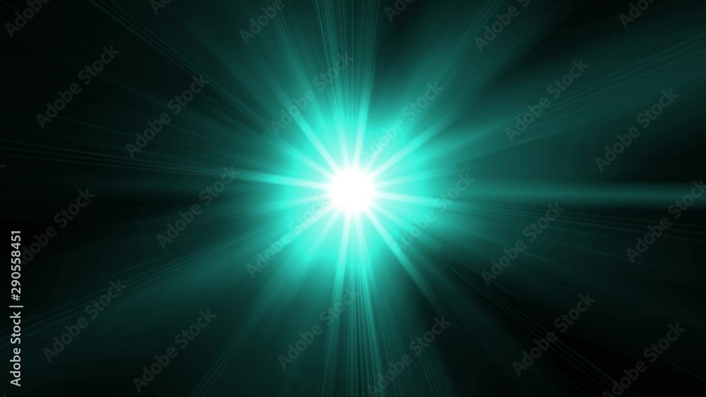 Bright light with flickering rays appearing and dissappearing while moving by curved trajectory and spinning and changing colors on black background