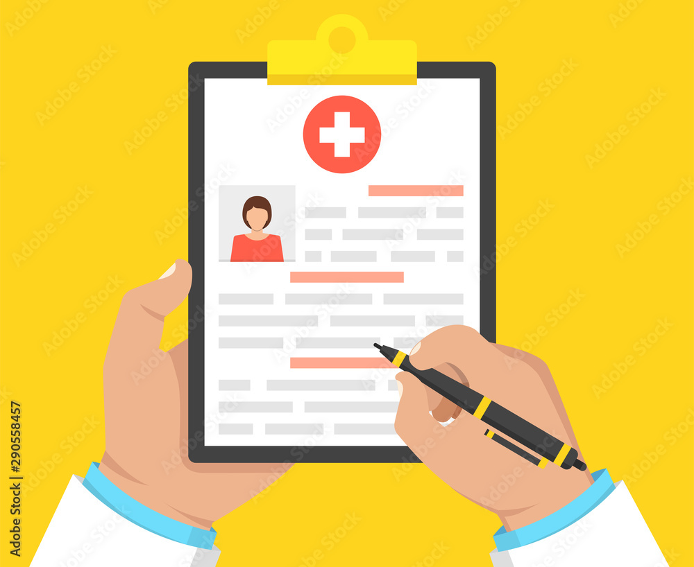 Doctor holding medical clipboard and takes notes on it. Medical report. Vector illustration. Doctor holding medical clipboard and takes notes on it. Medical report. Vector illustration.