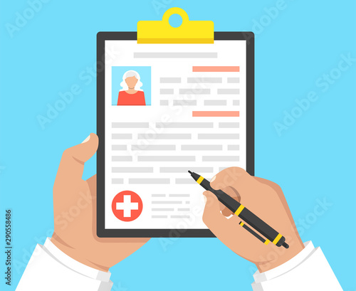 Doctor holding medical clipboard and takes notes on it. Medical report. Vector illustration.