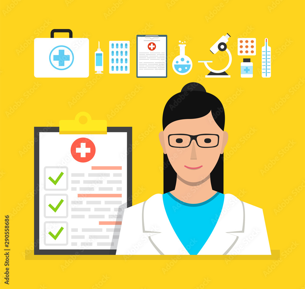 Doctor female with clipboard. Flat cartoon style. Vector illustration. Doctor female with clipboard. Flat cartoon style. Vector illustration.