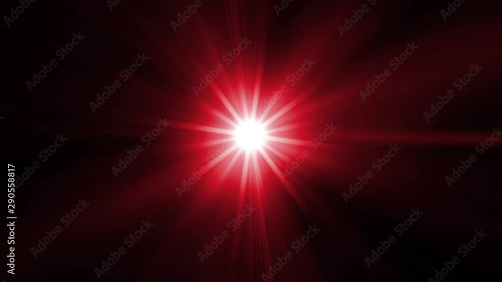 Bright red light with flickering rays appearing and dissappearing while moving by curved trajectory and spinning on black background