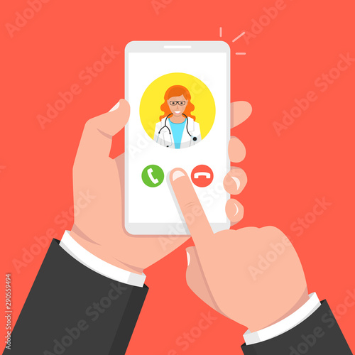 Hand holding smartphone with female doctor on call and an online consultation. Vector illustration.