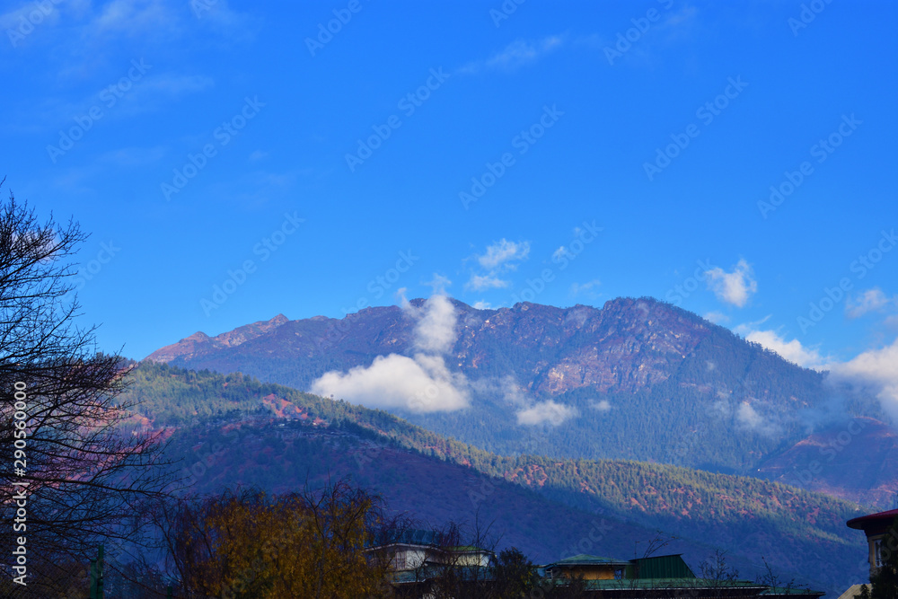 Bhutan eastern mountains from Thimphu city in a morning