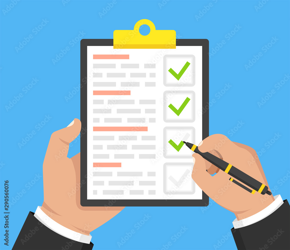 Hand with black pen and clipboard with green checklist. Fill form concept. Vector illustration. Hand with black pen and clipboard with green checklist. Fill form concept. Vector illustration.