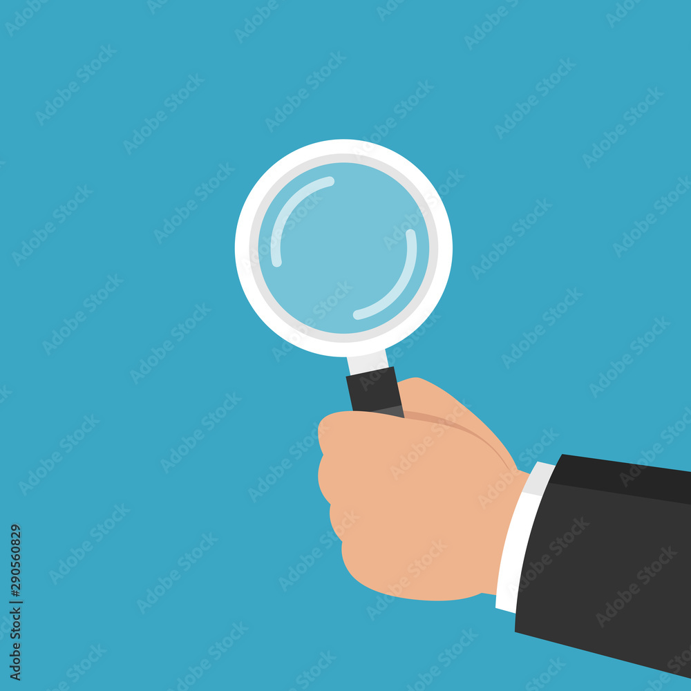 Hand holding a magnifying glass. Audit, analysis, inspection concepts. Flat cartoon style. Vector illustration.