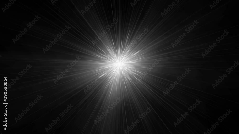 Bright white light with flickering rays appearing and dissappearing while moving by curved trajectory and spinning on black background