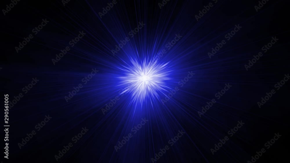 Bright blue light with flickering rays appearing and dissappearing while moving by curved trajectory and spinning on black background Bright blue light with flickering rays appearing and dissappearing while moving by curved trajectory and spinning on black background