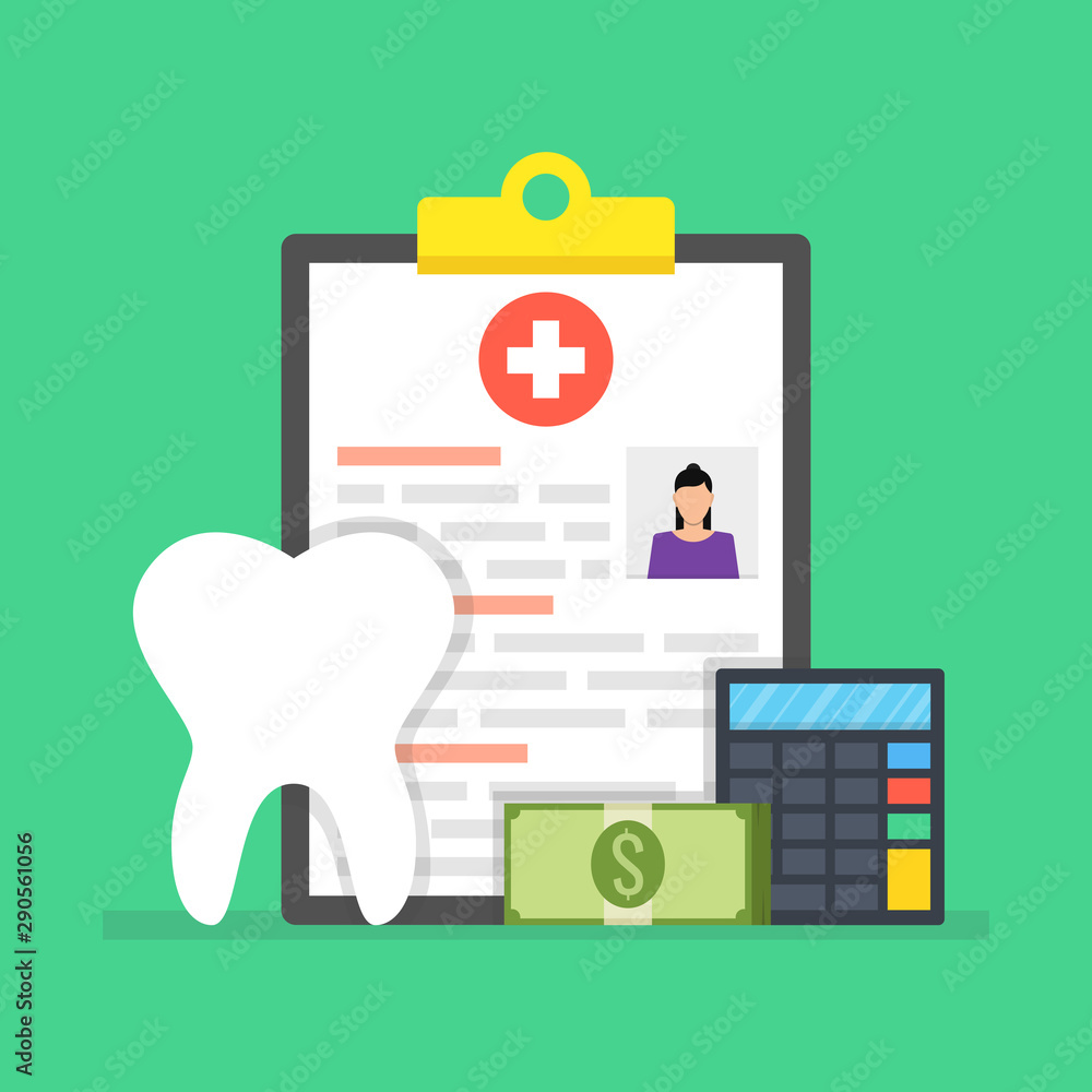 Dental insurance, dental care concept. Medical clipboard. Vector illustration.