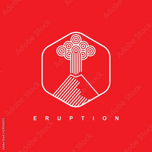 Mountain logo with linear style on the red background.Nature disaster eruption with smoke and clouds in the sky