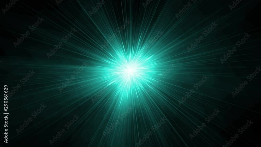 Bright light with flickering rays appearing and dissappearing while moving by curved trajectory and spinning and changing colors on black background