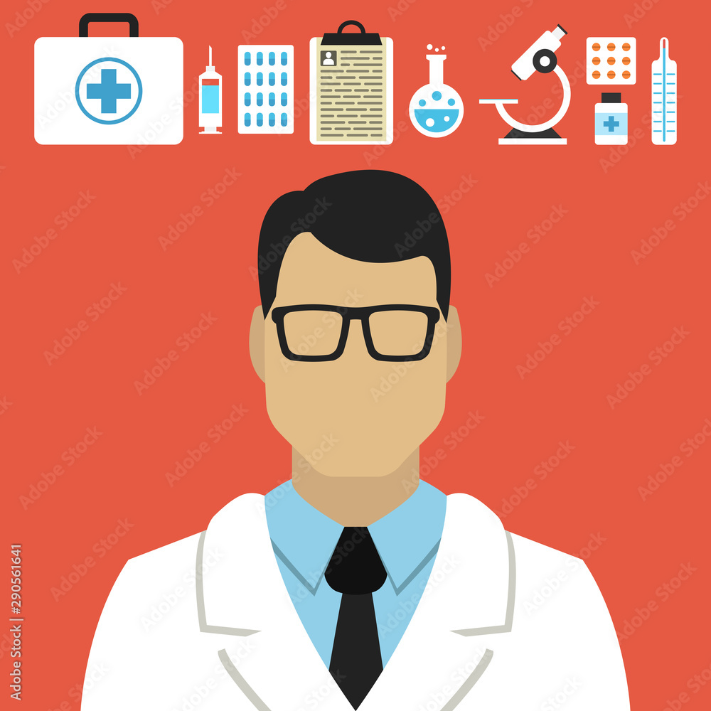 Male doctor vector. Medical icons set for web and mobile application. Flat design style. Male doctor vector. Medical icons set for web and mobile application. Flat design style.