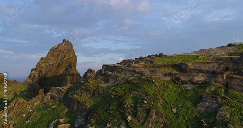 Wide aerial, cliffs on Skellig Michael