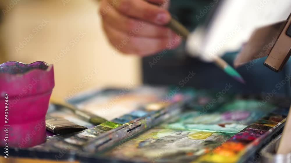 Artist paint brushes and watercolor paintbox on plastic palette. Instruments and tools for creative leisure. Creative. Paintings art concept. Painting hobby. Back to school. 