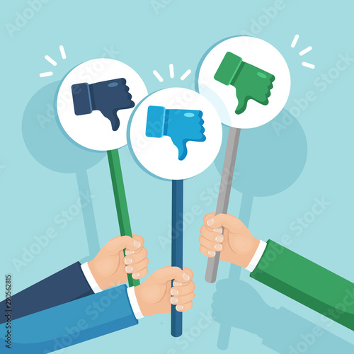 Group of business people with thumbs down placard. Social media. Bad opinion, dislike, disapproval. Testimonials, feedback, customer review concept. Vector flat design