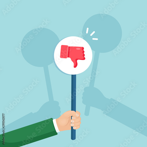 Group of business people with thumbs down placard. Social media. Bad opinion, dislike, disapproval. Testimonials, feedback, customer review concept. Vector flat design