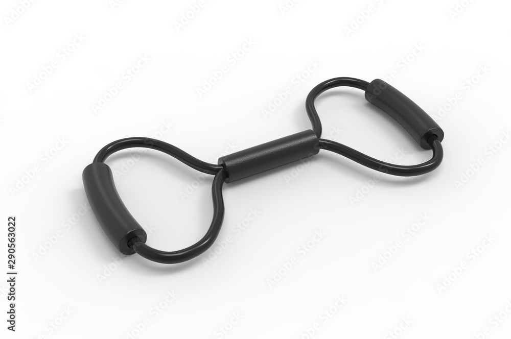 Resistance workout elastic band with foam grip handle for branding. 3d render illustration. Resistance workout elastic band with foam grip handle for branding. 3d render illustration.
