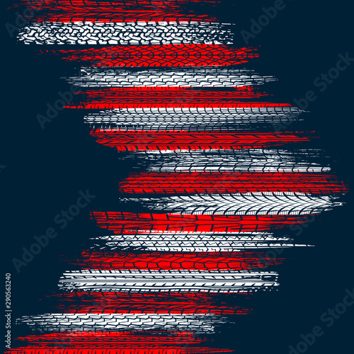 Red and white tire track silhouettes isolated on darrk blue background