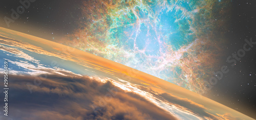 Fototapeta Naklejka Na Ścianę i Meble -  Planet Earth with spectacular sunset on the background Crab Nebula, Supernova Core pulsar neutron star. 