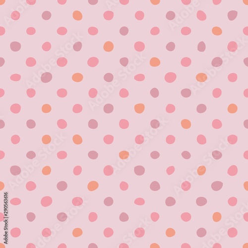 Tile vector pattern with pastel hand drawn dots on pink background