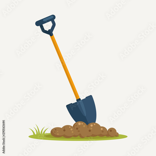 Shovel in dirt, spade with soil landscaping isolated on background. Garden tools, digging element, equipment for farm. Spring work. Vector cartoon flat design