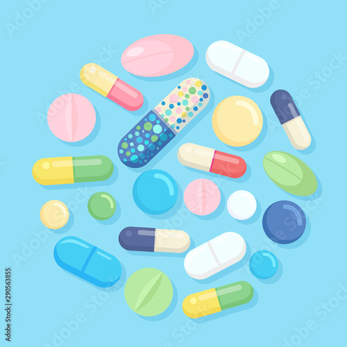 Set of pills, medicine, drugs. Painkiller Tablet, vitamine, pharmaceutical antibiotics. Medical background. Vector cartoon design