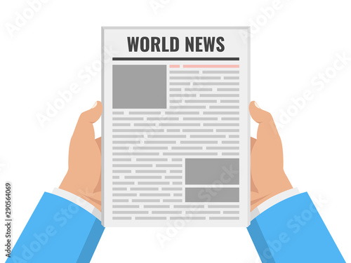 Hands holding newspaper. Daily business news gazette concept. Paper media tabloid concept. Flat cartoon style. Vector illustration.