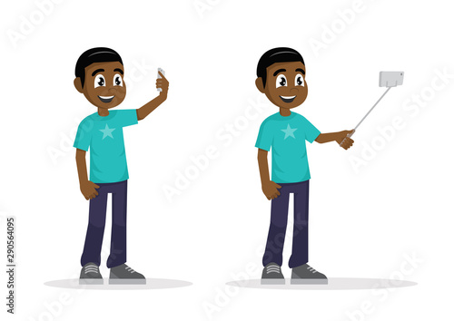 African Young man standing and make a self portrait with mobile phone camera.