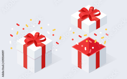 Opened gift box with bow, ribbon isolated on white background. 3d isometric red package, surprise with confetti. Sale, shopping. Holiday, christmas, birthday concept. Vector cartoon design