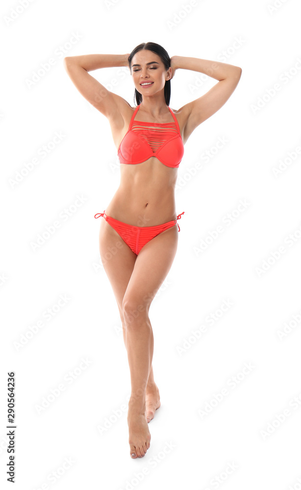 Beautiful young woman in stylish bikini on white background Beautiful young woman in stylish bikini on white background