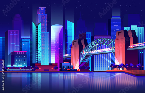 Future town with bridge and river, futuristic city