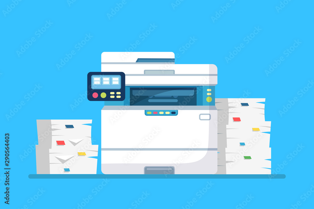 Printer, office machine with paper, document stack. Scanner, copy equipment. Paperwork. Multifunction device. Vector cartoon design Printer, office machine with paper, document stack. Scanner, copy equipment. Paperwork. Multifunction device. Vector cartoon design