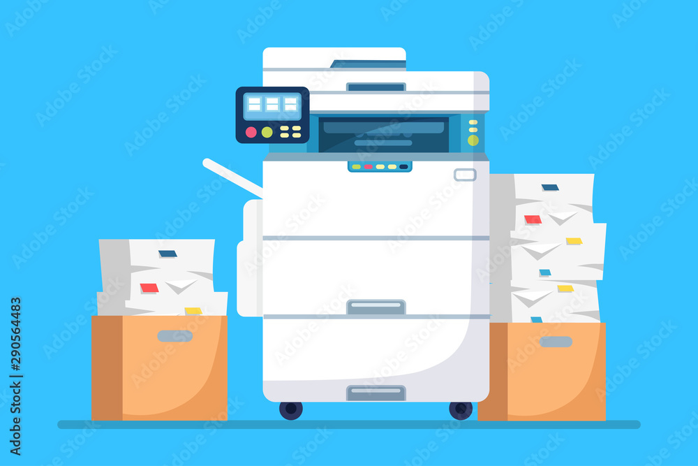 Printer, office machine with paper, document stack. Scanner, copy equipment. Multifunction device. Paperwork with carton, cardboard box. Vector cartoon design Printer, office machine with paper, document stack. Scanner, copy equipment. Multifunction device. Paperwork with carton, cardboard box. Vector cartoon design