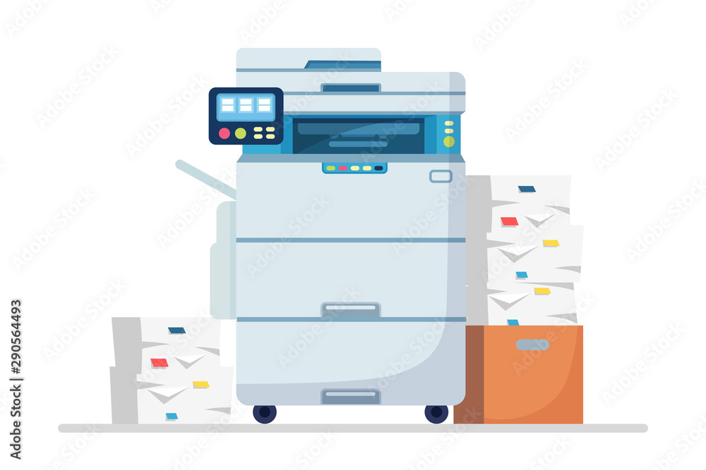 Printer, office machine with paper, document stack. Scanner, copy equipment. Multifunction device. Paperwork with carton, cardboard box. Vector cartoon design Printer, office machine with paper, document stack. Scanner, copy equipment. Multifunction device. Paperwork with carton, cardboard box. Vector cartoon design