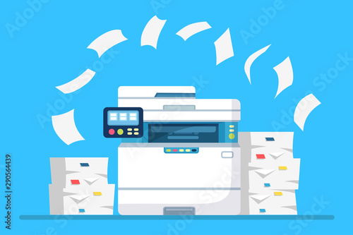 Printer, office machine with paper, document stack. Scanner, copy equipment. Paperwork. Multifunction device. Vector cartoon design photo