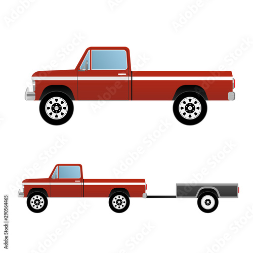 Pickup truck. Pickup truck with trailer. Vector illustration