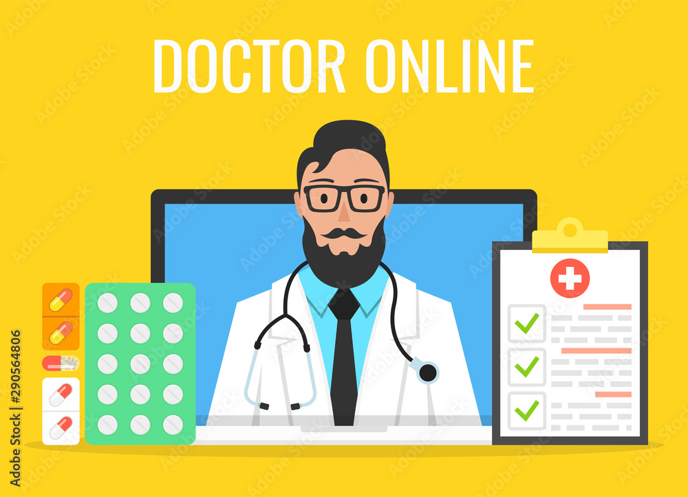 Online doctor man character look out laptop. Online medical consultation concept. Vector illustration. Online doctor man character look out laptop. Online medical consultation concept. Vector illustration.