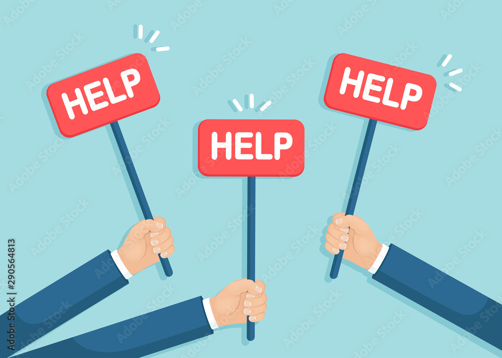 Busy tired businessman hold red placards. Request of help. Human hand with banner. Support concept. Vector flat design Busy tired businessman hold red placards. Request of help. Human hand with banner. Support concept. Vector flat design