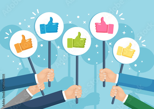 Group of business people with thumbs up. Social media. Good opinion. Testimonials, feedback, customer review concept. Vector flat design