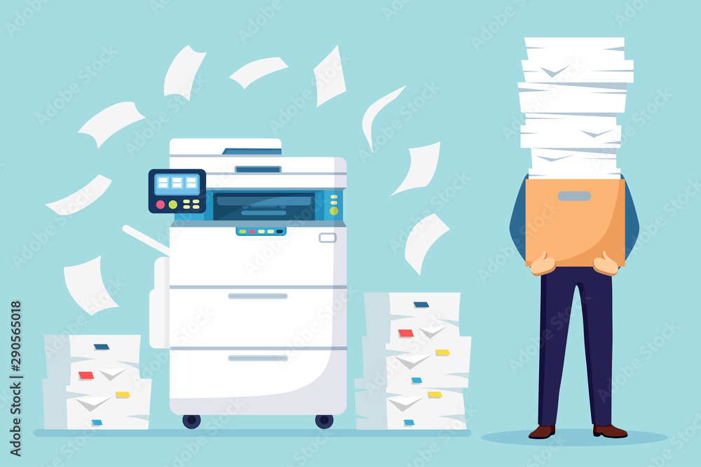 Pile of paper, busy businessman with stack of documents in carton, cardboard box. Paperwork with printer, office multifunction machine. Bureaucracy concept. Stressed employee. Vector cartoon design Pile of paper, busy businessman with stack of documents in carton, cardboard box. Paperwork with printer, office multifunction machine. Bureaucracy concept. Stressed employee. Vector cartoon design